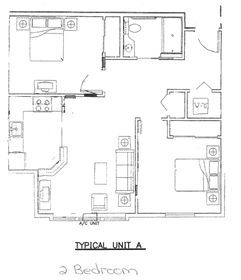 Floor plan for 2 beds, 1 bath, 877 sqft